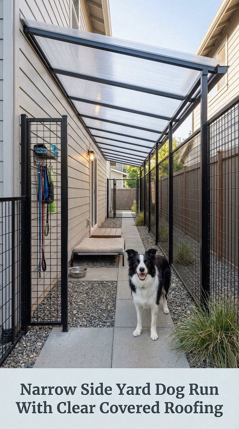 Narrow Side Yard Dog Run With Clear Covered Roofing