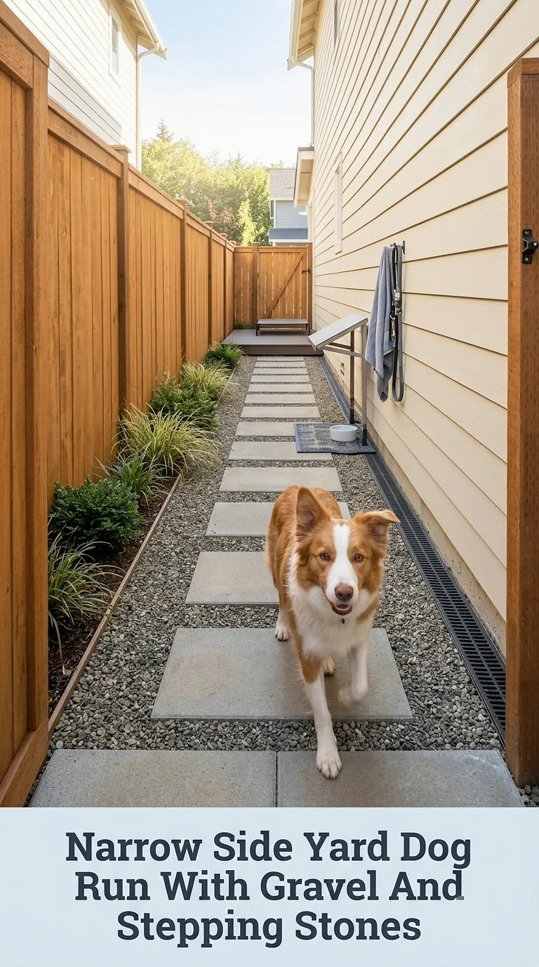 Narrow Side Yard Dog Run With Gravel And Stepping Stones