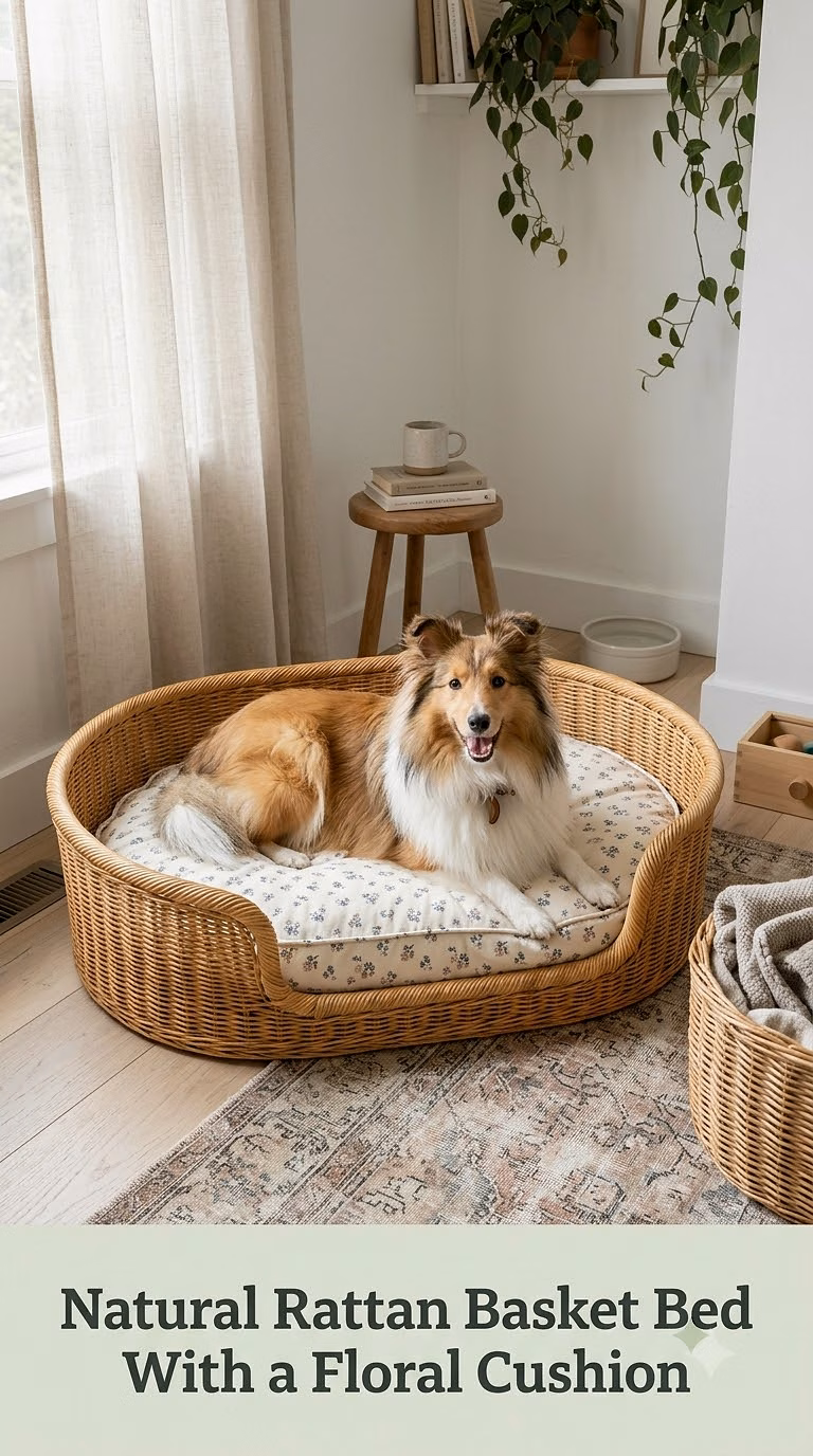 Natural Rattan Basket Bed With a Floral Cushion