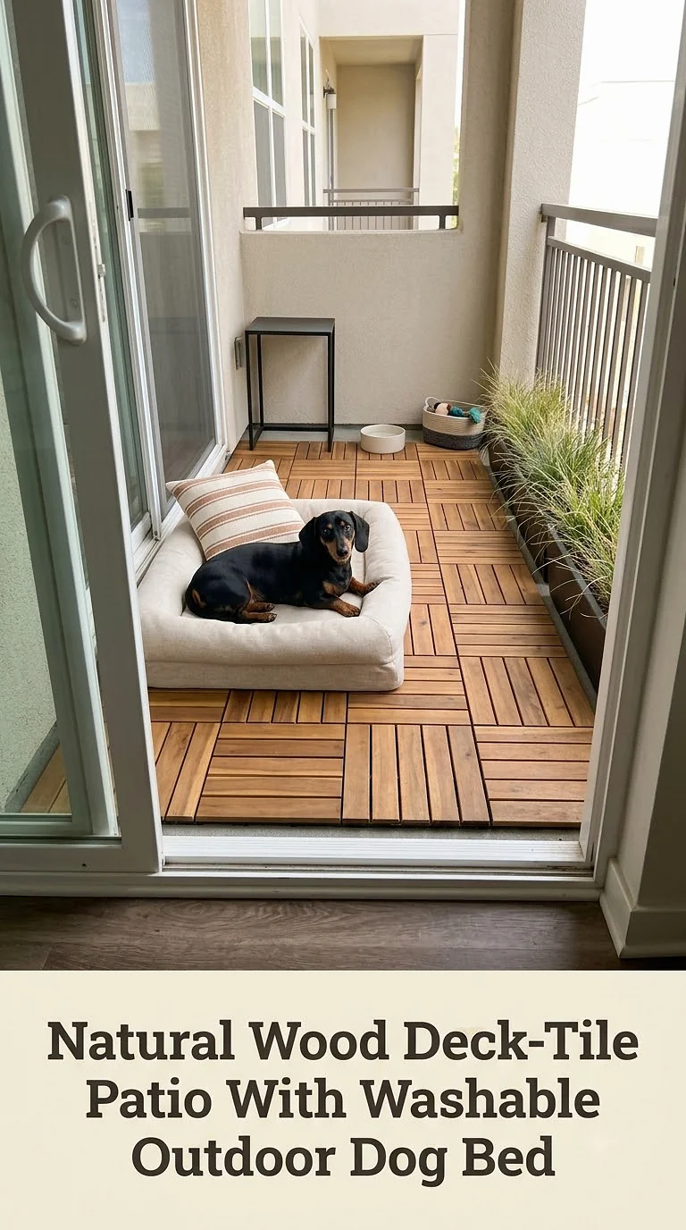 Natural Wood Deck-Tile Patio With Washable Outdoor Dog Bed