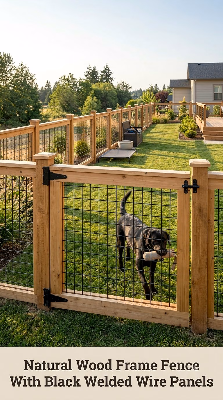 Natural Wood Frame Fence With Black Welded Wire Panels