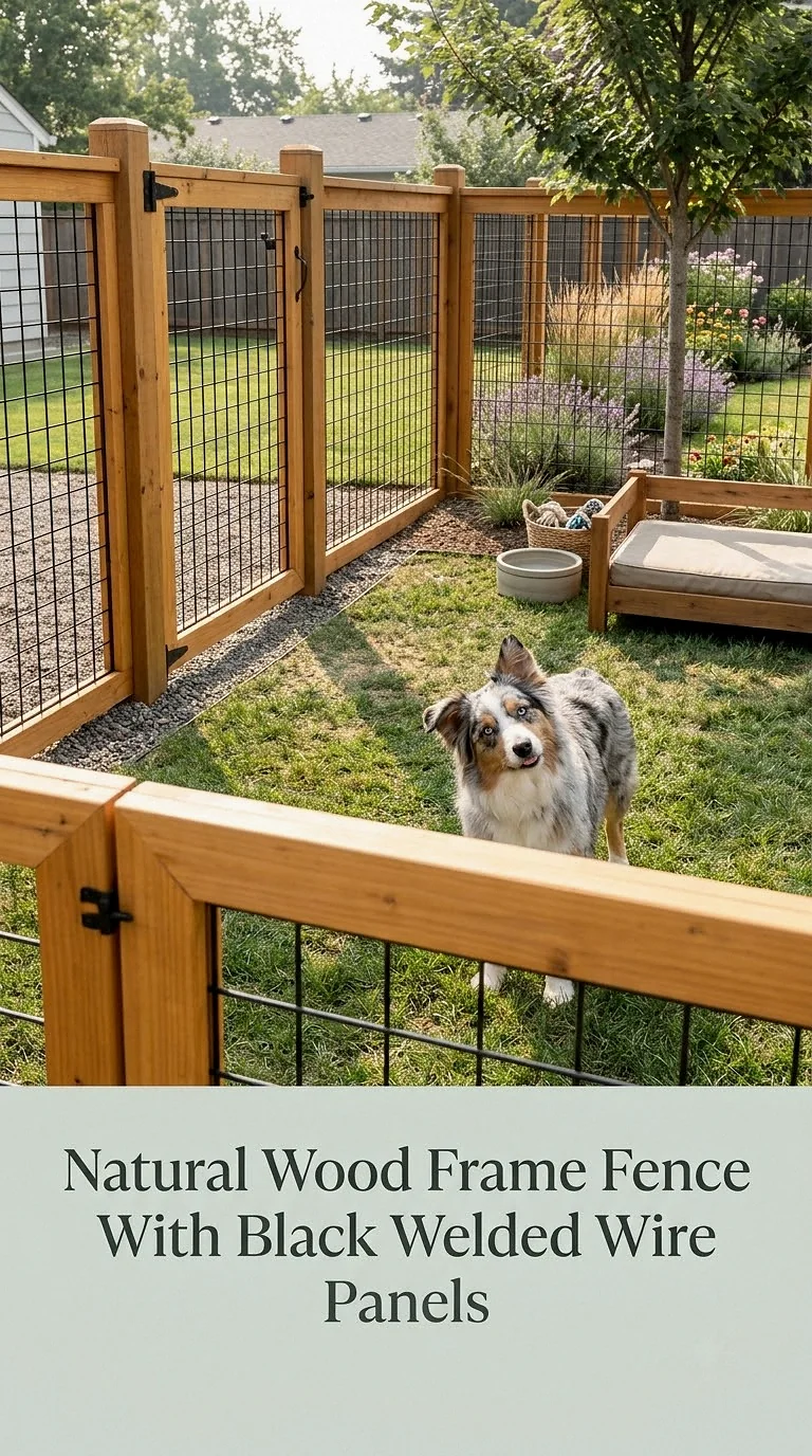 Natural Wood Frame Fence With Black Welded Wire Panels