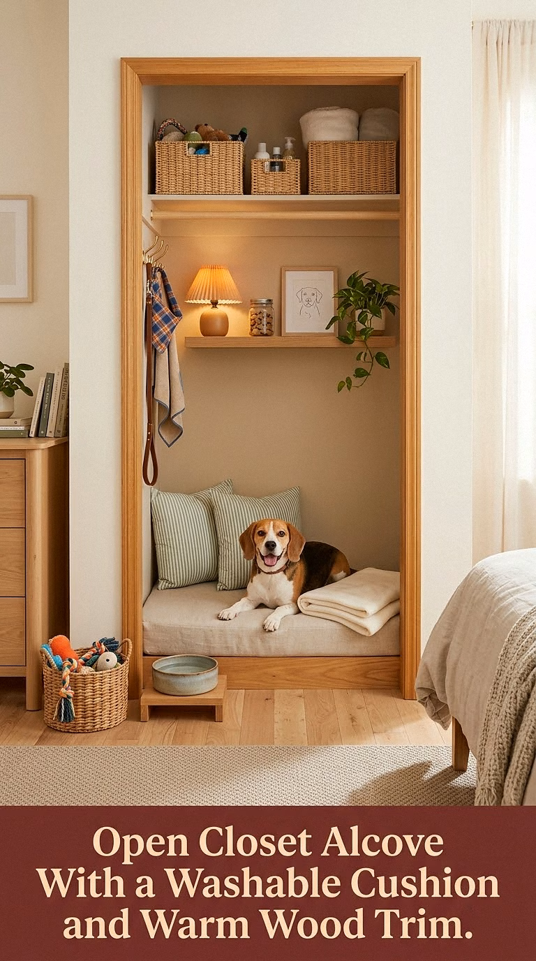 3. Open Closet Alcove With a Washable Cushion and Warm Wood Trim