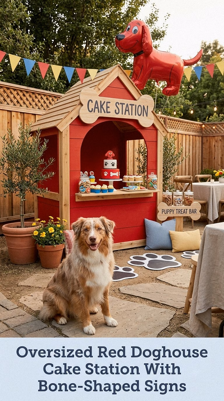 Oversized Red Doghouse Cake Station With Bone-Shaped Signs