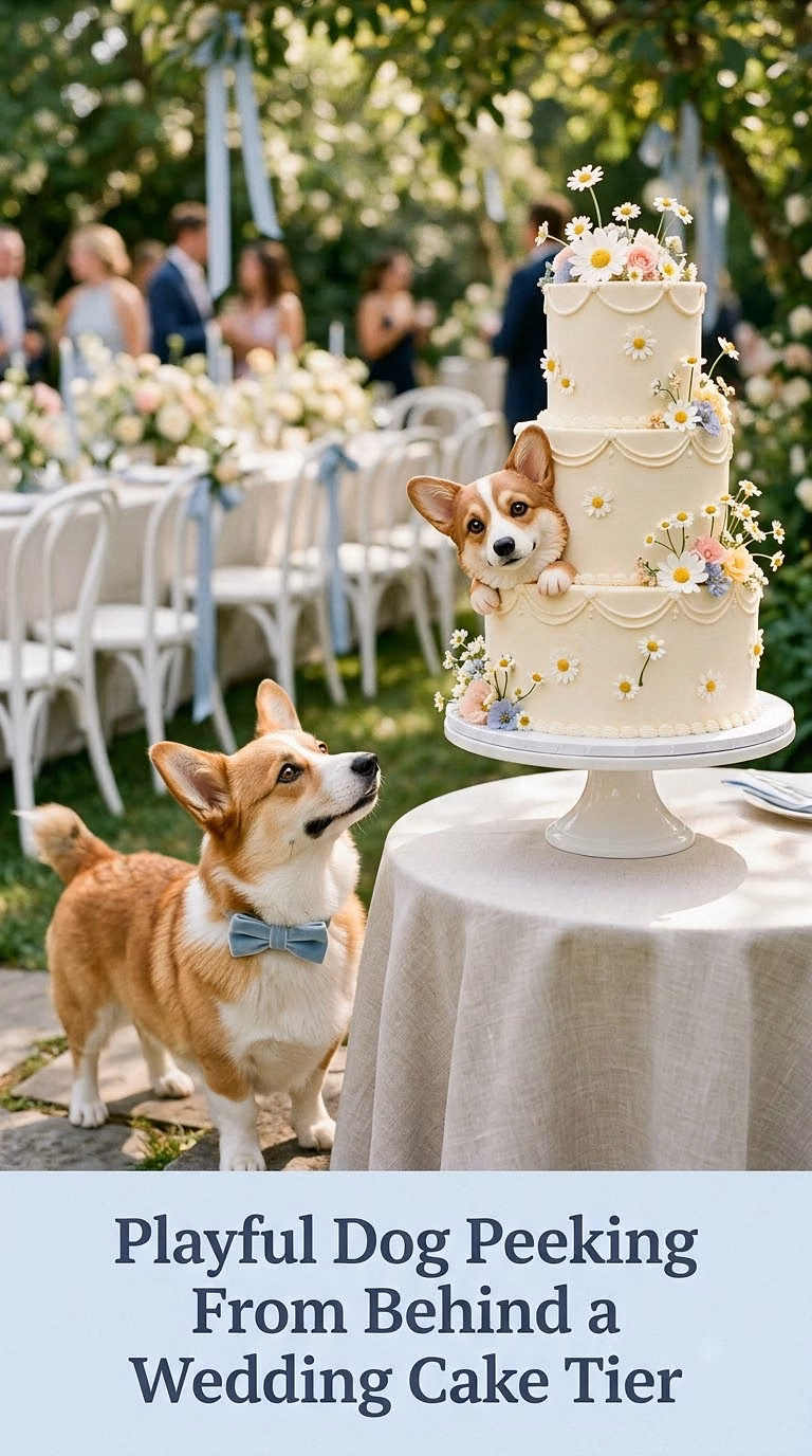 Playful Dog Peeking From Behind a Wedding Cake Tier