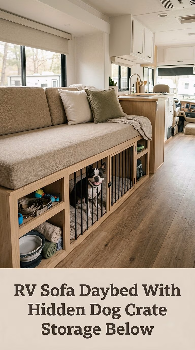 RV Sofa Daybed With Hidden Dog Crate Storage Below