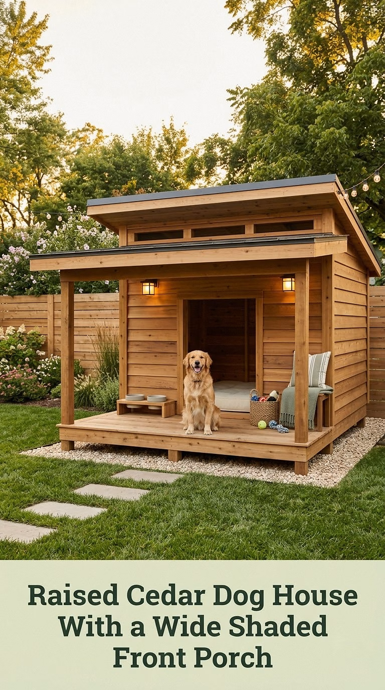 3. Raised Cedar Dog House With a Wide Shaded Front Porch