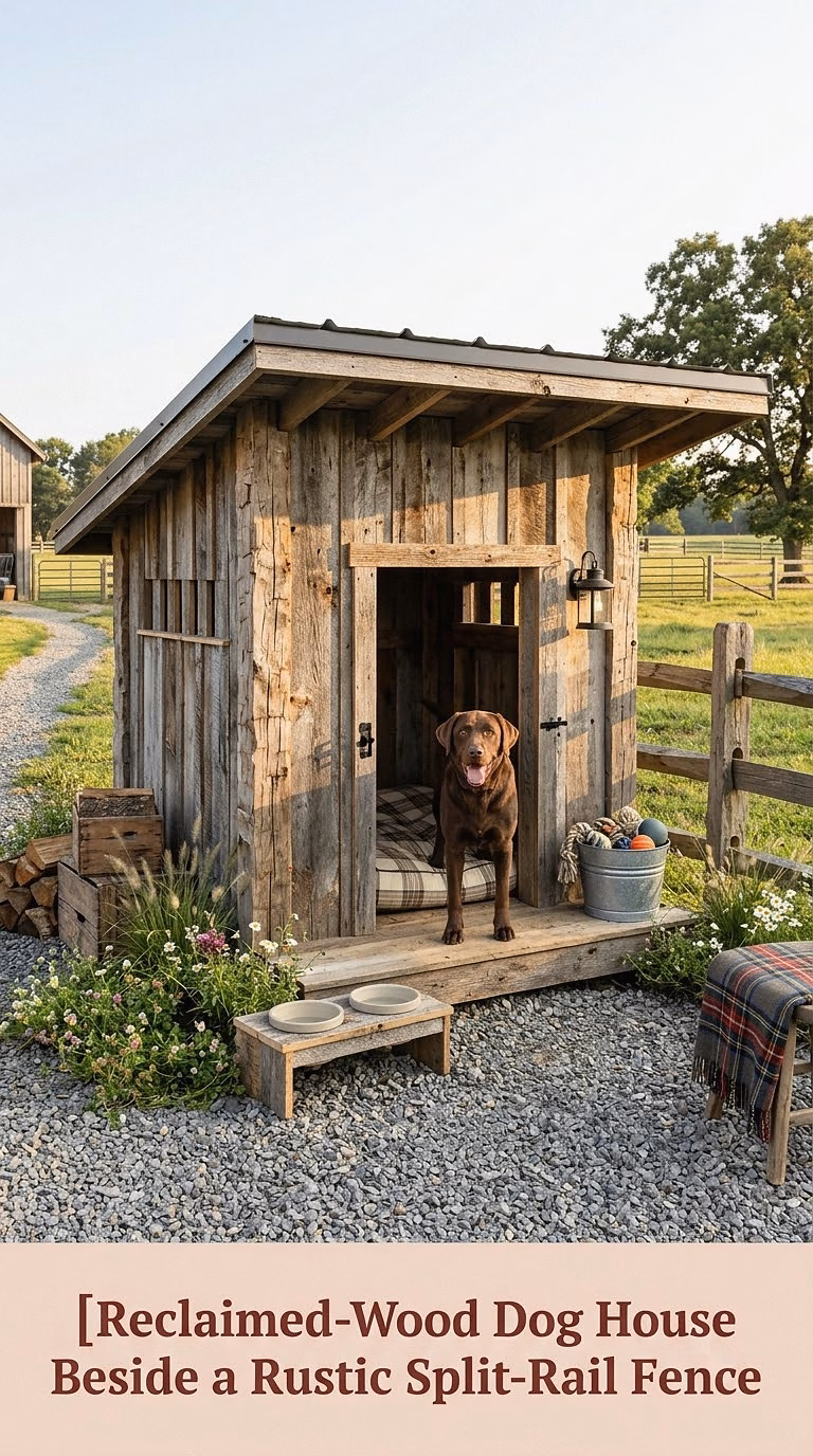 3. Reclaimed-Wood Dog House Beside a Rustic Split-Rail Fence