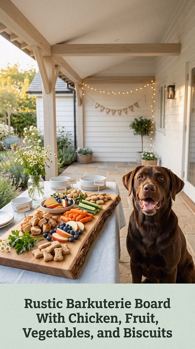 Rustic Barkuterie Board With Chicken, Fruit, Vegetables, and Biscuits