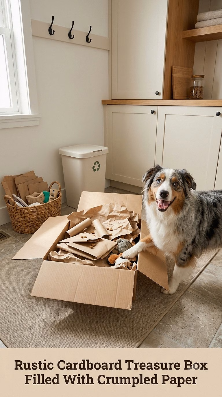 Rustic Cardboard Treasure Box Filled With Crumpled Paper