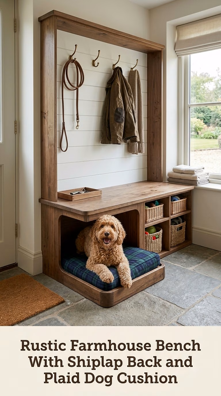 Rustic Farmhouse Bench With Shiplap Back and Plaid Dog Cushion
