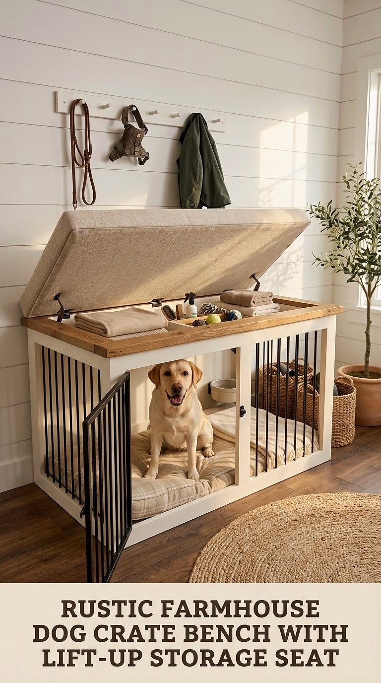 Rustic Farmhouse Dog Crate Bench With Lift-Up Storage Seat