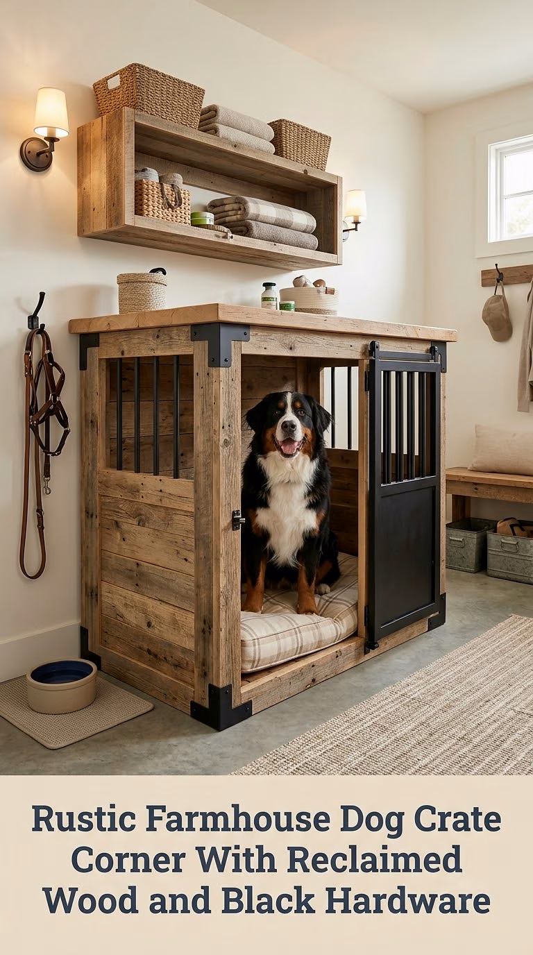 Rustic Farmhouse Dog Crate Corner With Reclaimed Wood and Black Hardware