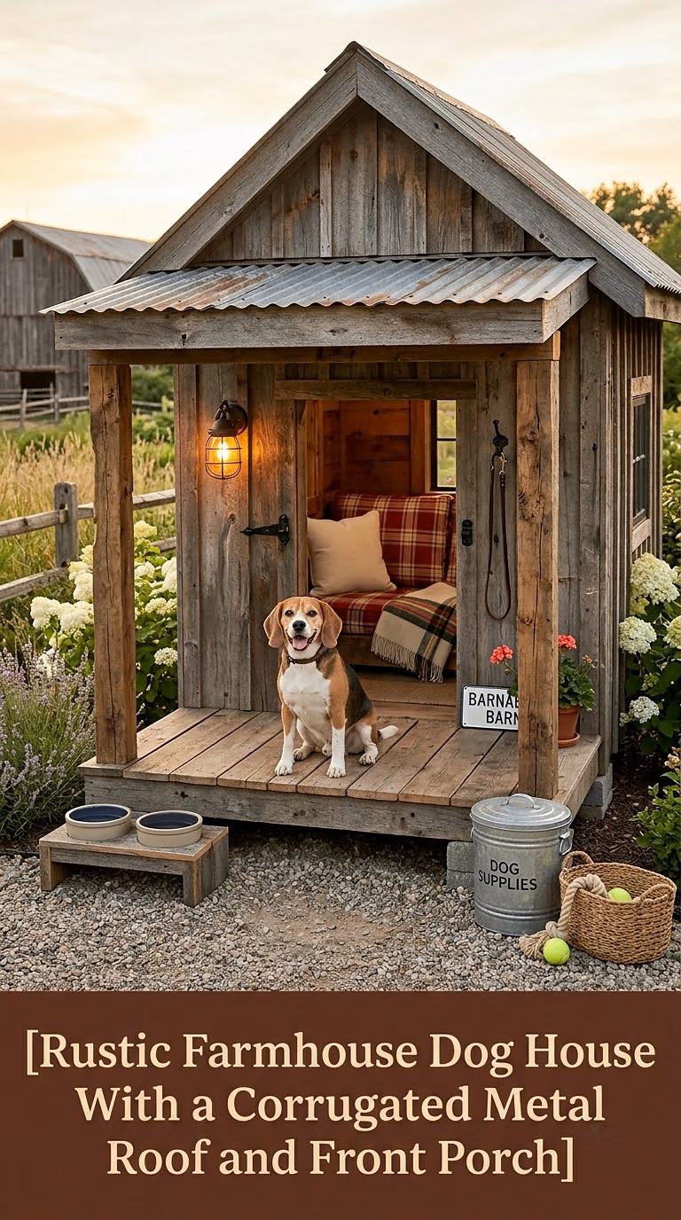 Rustic Farmhouse Dog House With a Corrugated Metal Roof and Front Porch