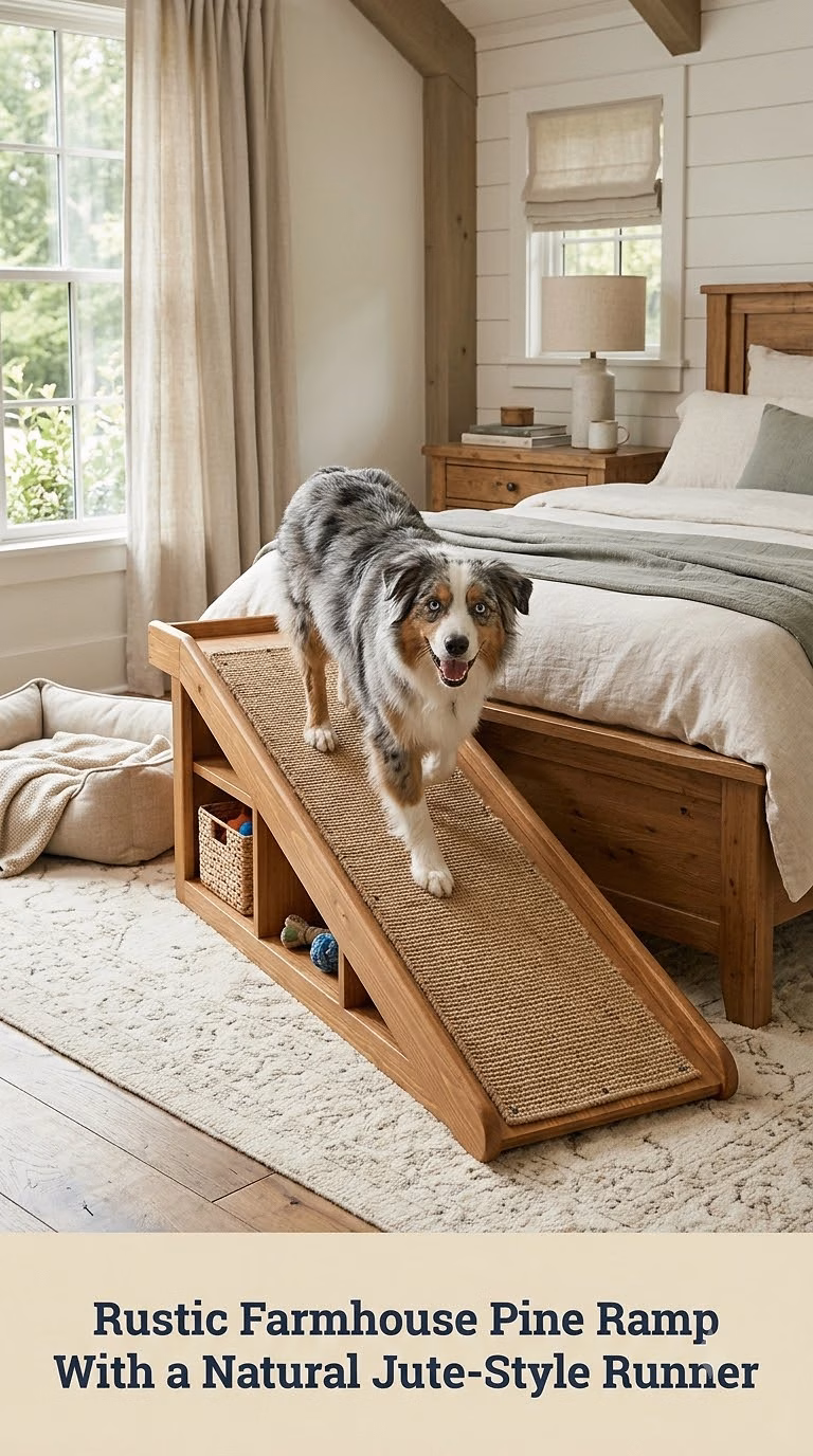 Rustic Farmhouse Pine Ramp With a Natural Jute-Style Runner