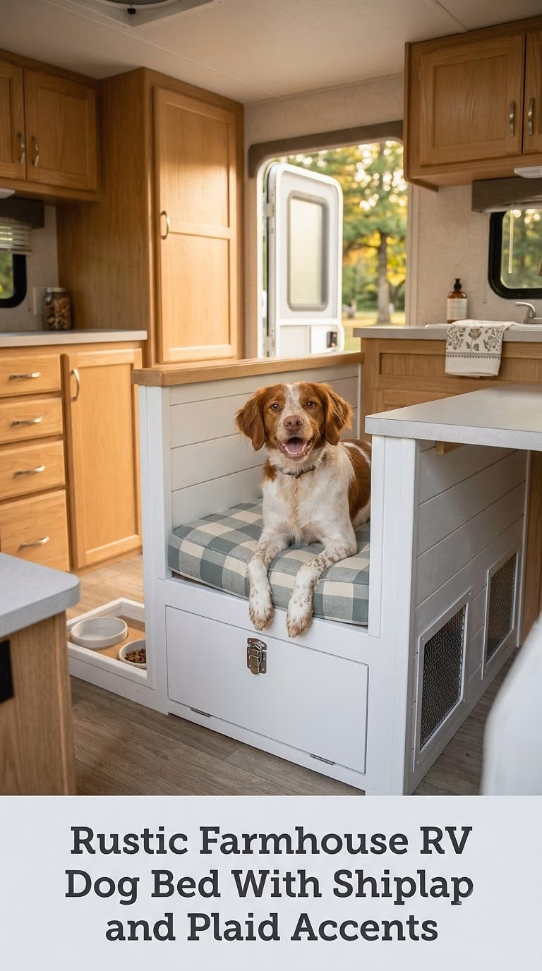 Rustic Farmhouse RV Dog Bed With Shiplap and Plaid Accents