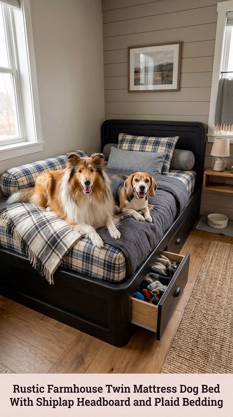 Rustic Farmhouse Twin Mattress Dog Bed With Shiplap Headboard and Plaid Bedding