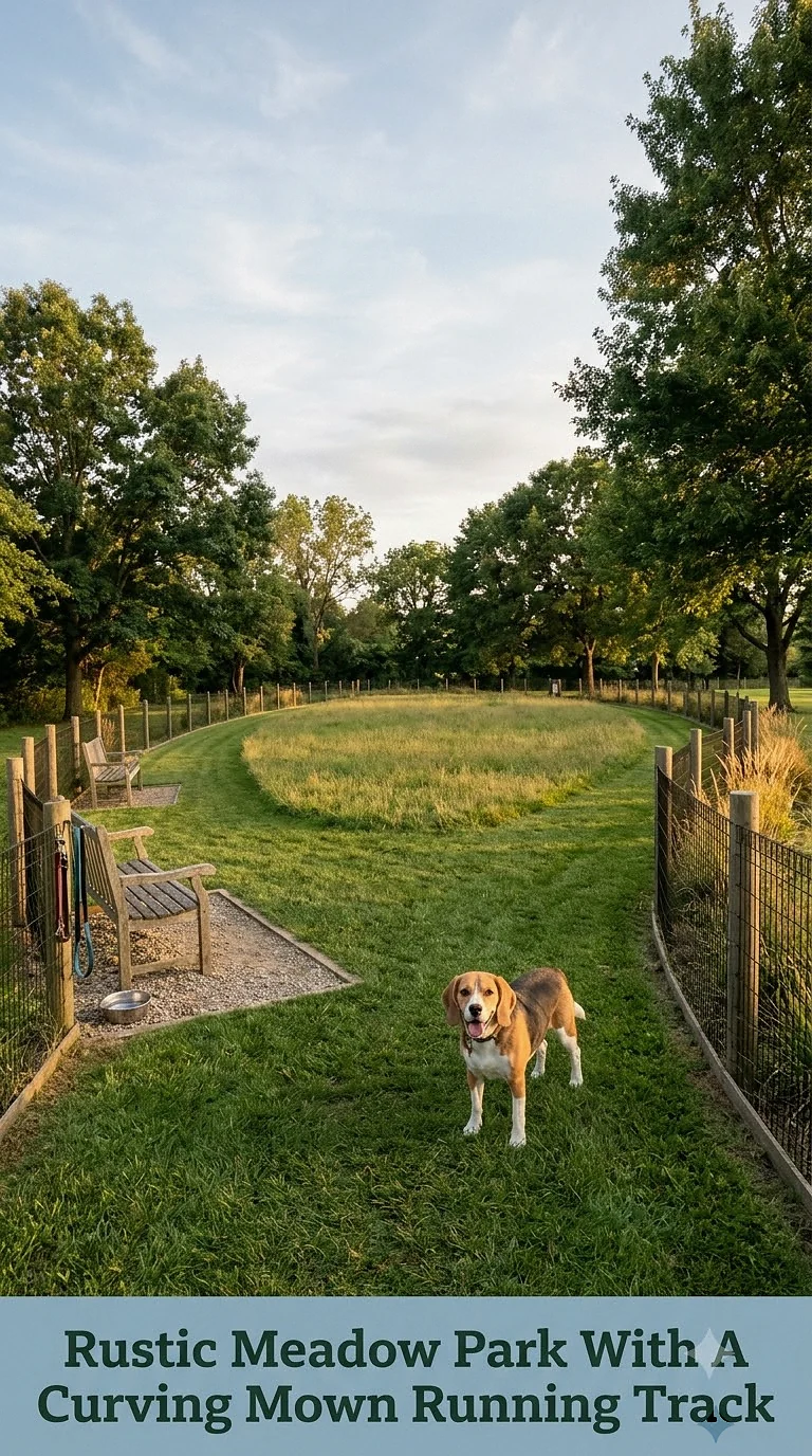 Rustic Meadow Park With A Curving Mown Running Track