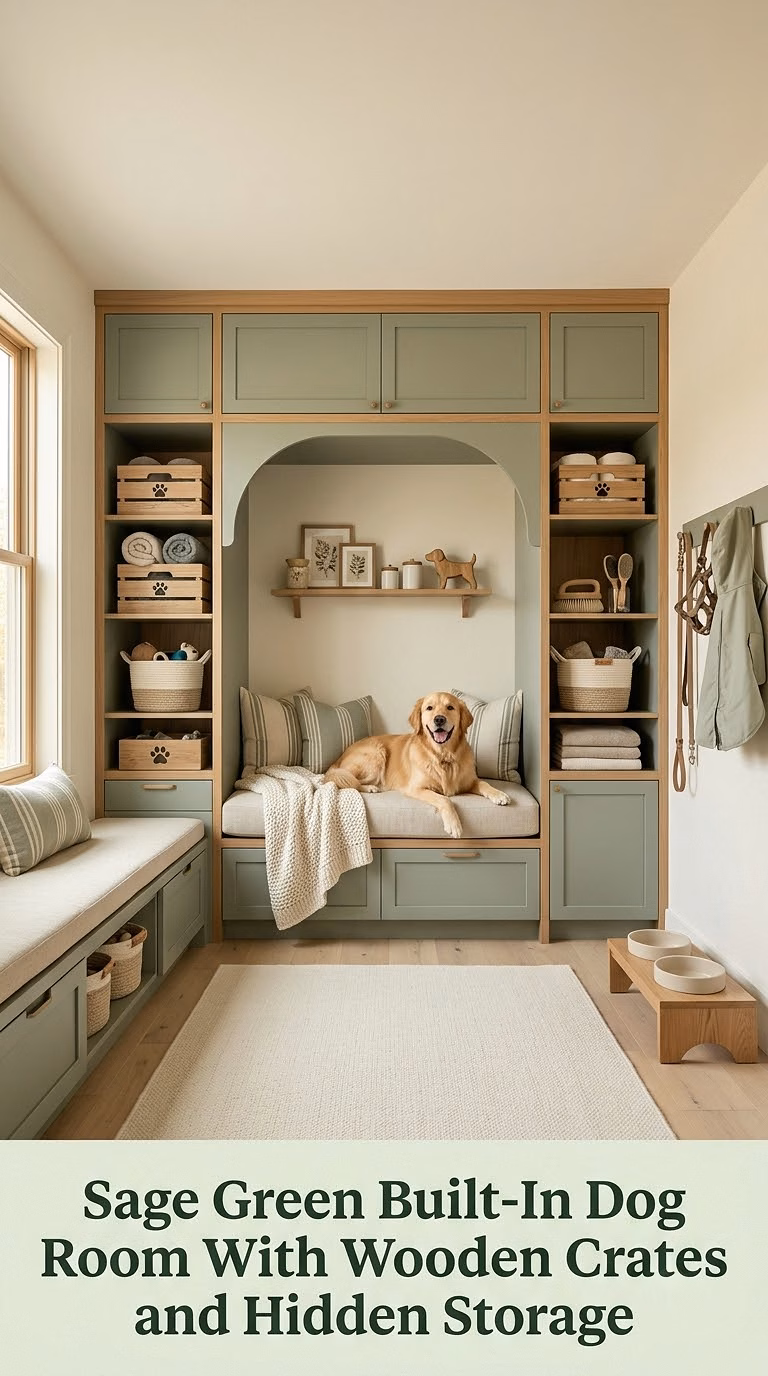 3. Sage Green Built-In Dog Room With Wooden Crates and Hidden Storage