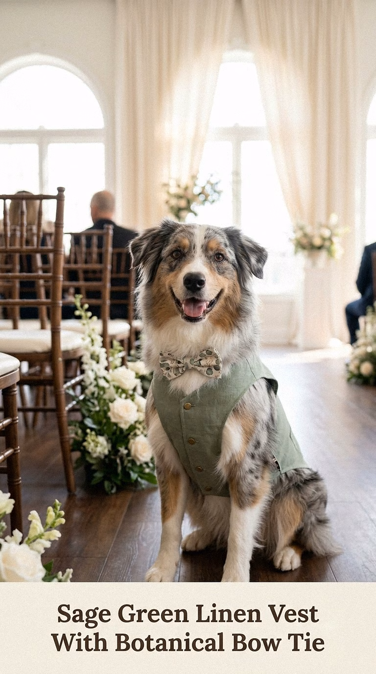Sage Green Linen Vest With Botanical Bow Tie