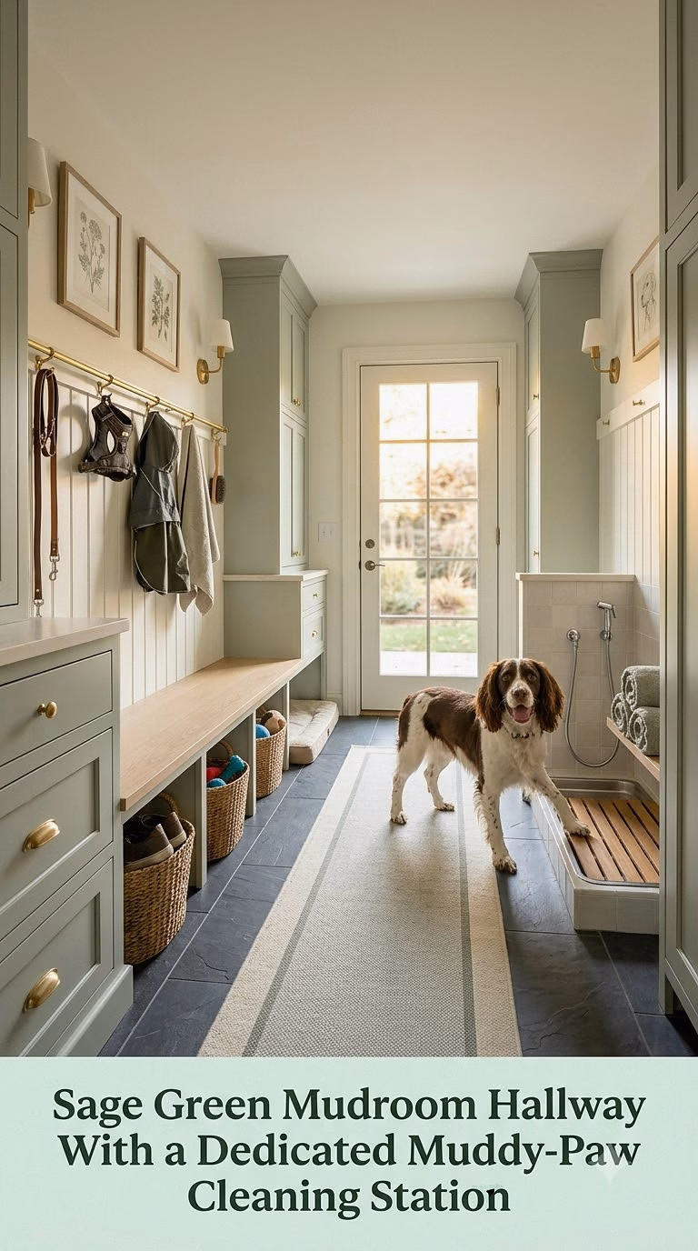 3. Sage Green Mudroom Hallway With a Dedicated Muddy-Paw Cleaning Station