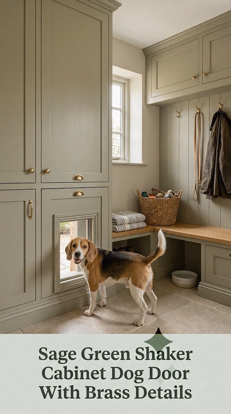 Sage Green Shaker Cabinet Dog Door With Brass Details