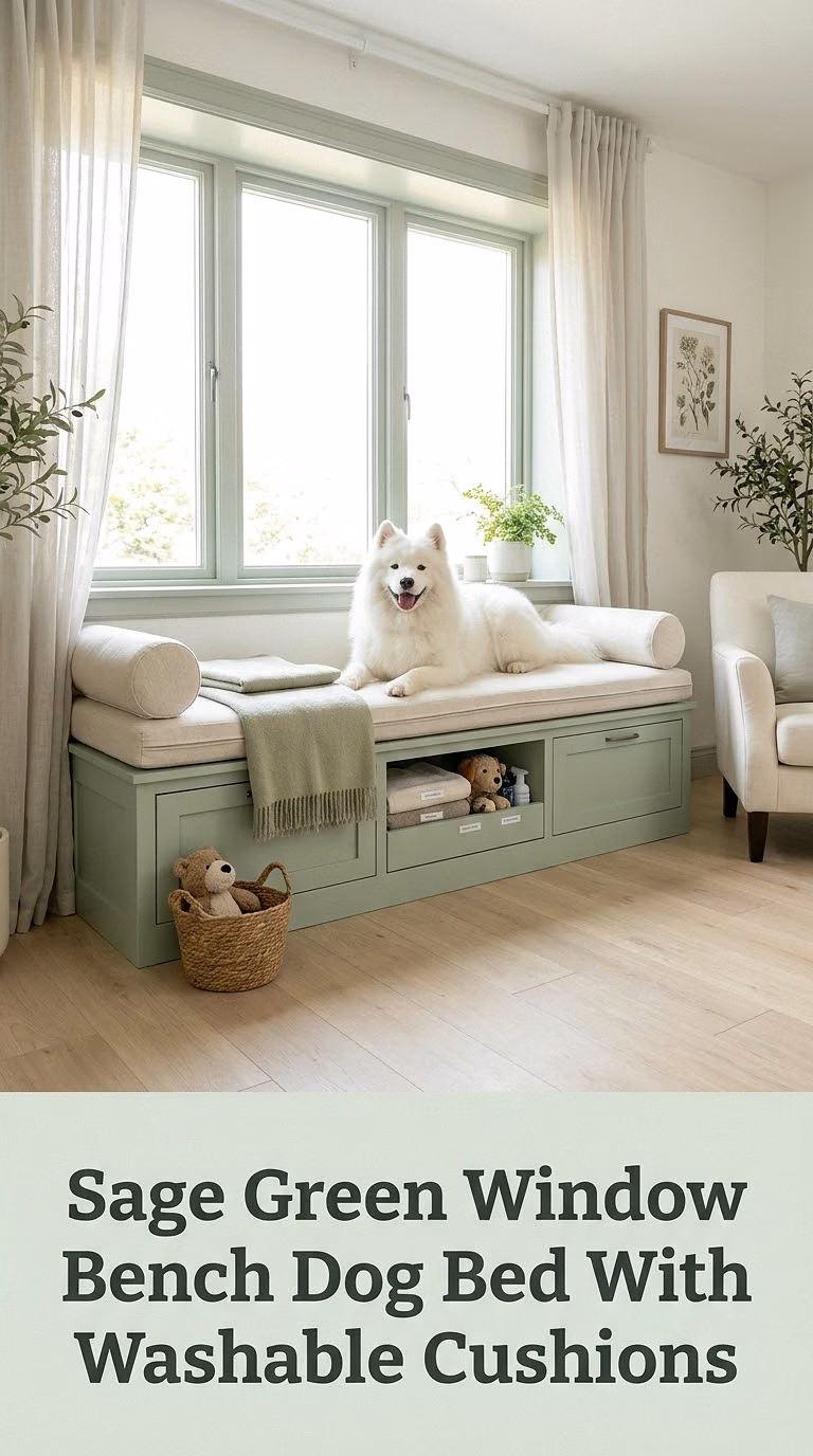 Sage Green Window Bench Dog Bed With Washable Cushions