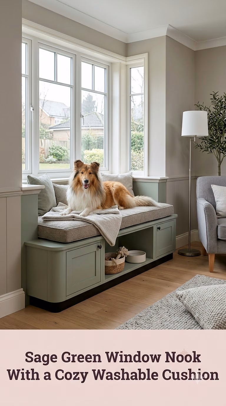 Sage Green Window Nook With a Cozy Washable Cushion