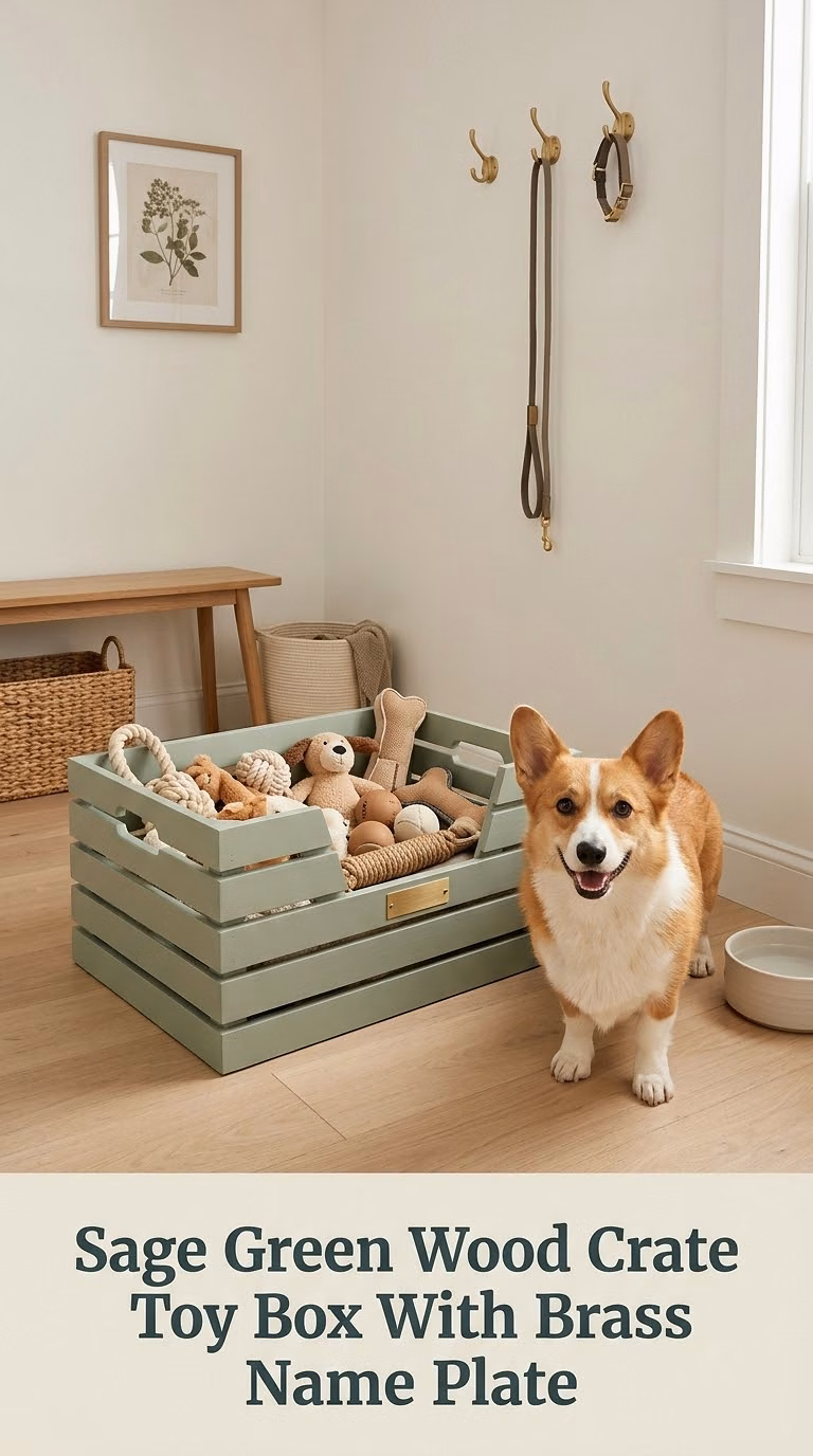 Sage Green Wood Crate Toy Box With Brass Name Plate