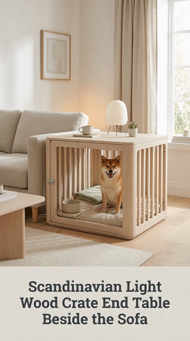 Scandinavian Light Wood Crate End Table Beside the Sofa