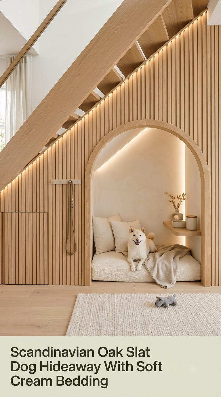 3. Scandinavian Oak Slat Dog Hideaway With Soft Cream Bedding