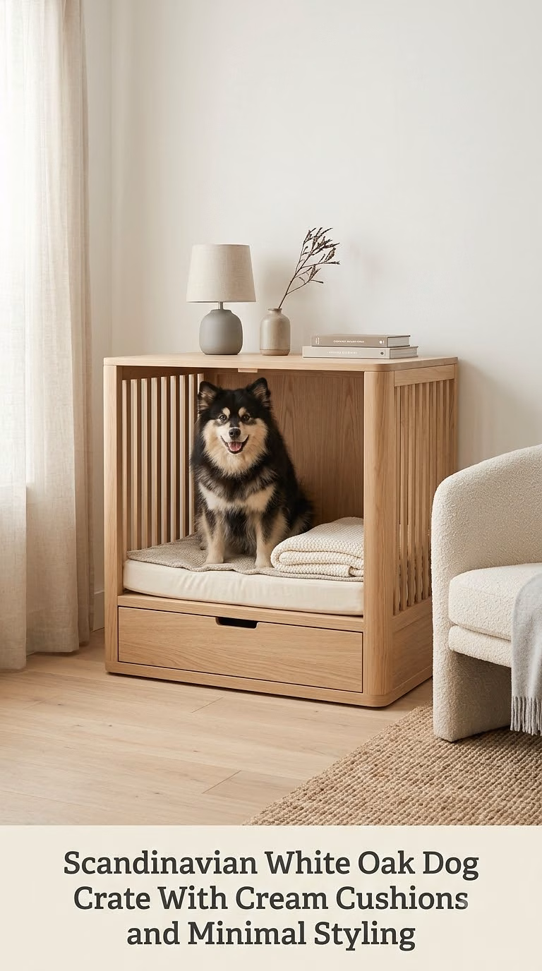 Scandinavian White Oak Dog Crate With Cream Cushions and Minimal Styling