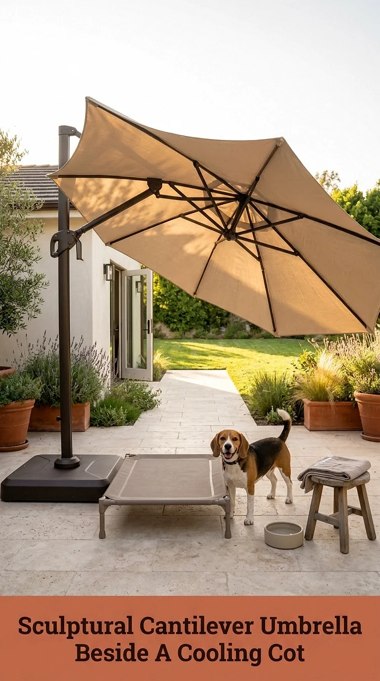 Sculptural Cantilever Umbrella Beside A Cooling Cot