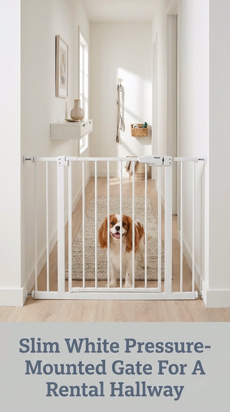 Slim White Pressure-Mounted Gate For A Rental Hallway