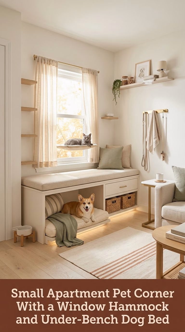 3. Small Apartment Pet Corner With a Window Hammock and Under-Bench Dog Bed