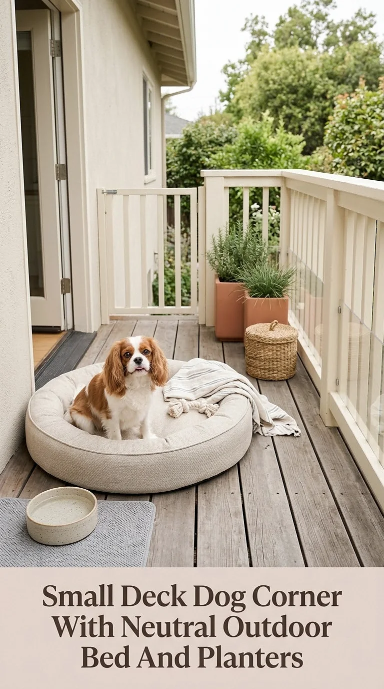 Small Deck Dog Corner With Neutral Outdoor Bed And Planters