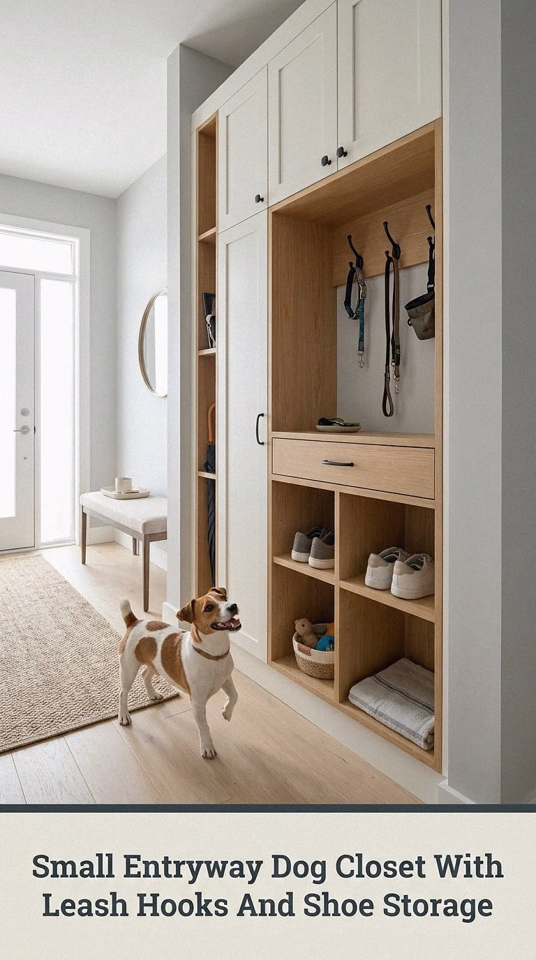Small Entryway Dog Closet With Leash Hooks And Shoe Storage