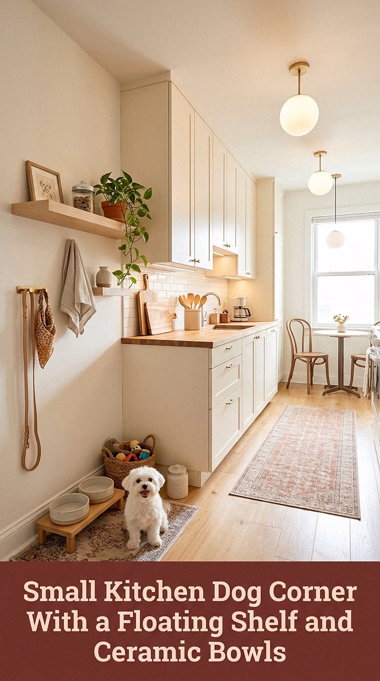 3. Small Kitchen Dog Corner With a Floating Shelf and Ceramic Bowls