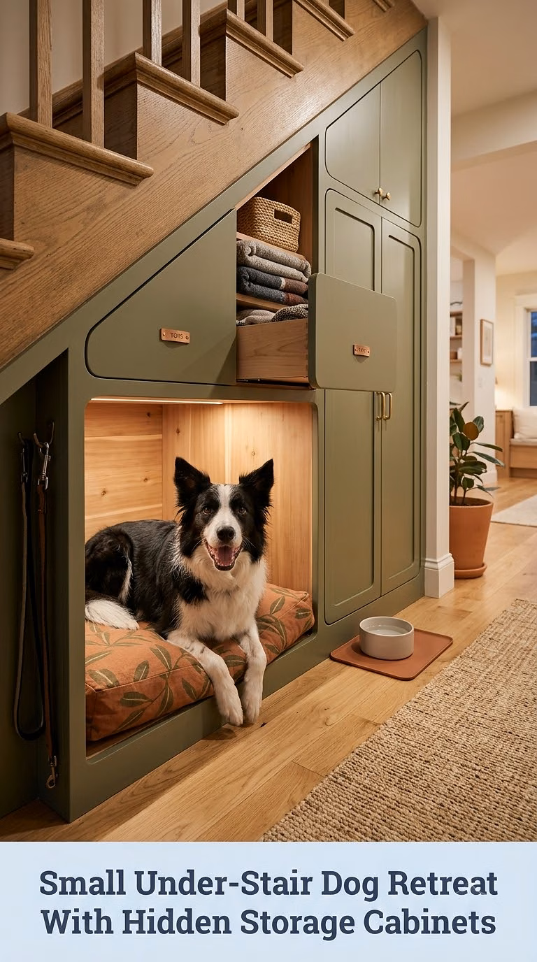 Small Under-Stair Dog Retreat With Hidden Storage Cabinets