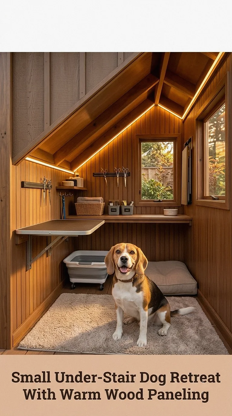 Small Under-Stair Dog Retreat With Warm Wood Paneling