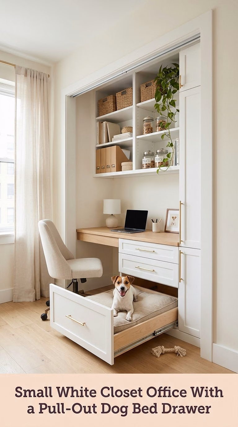 Small White Closet Office With a Pull-Out Dog Bed Drawer