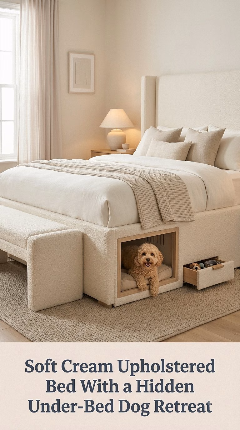 Soft Cream Upholstered Bed With a Hidden Under-Bed Dog Retreat