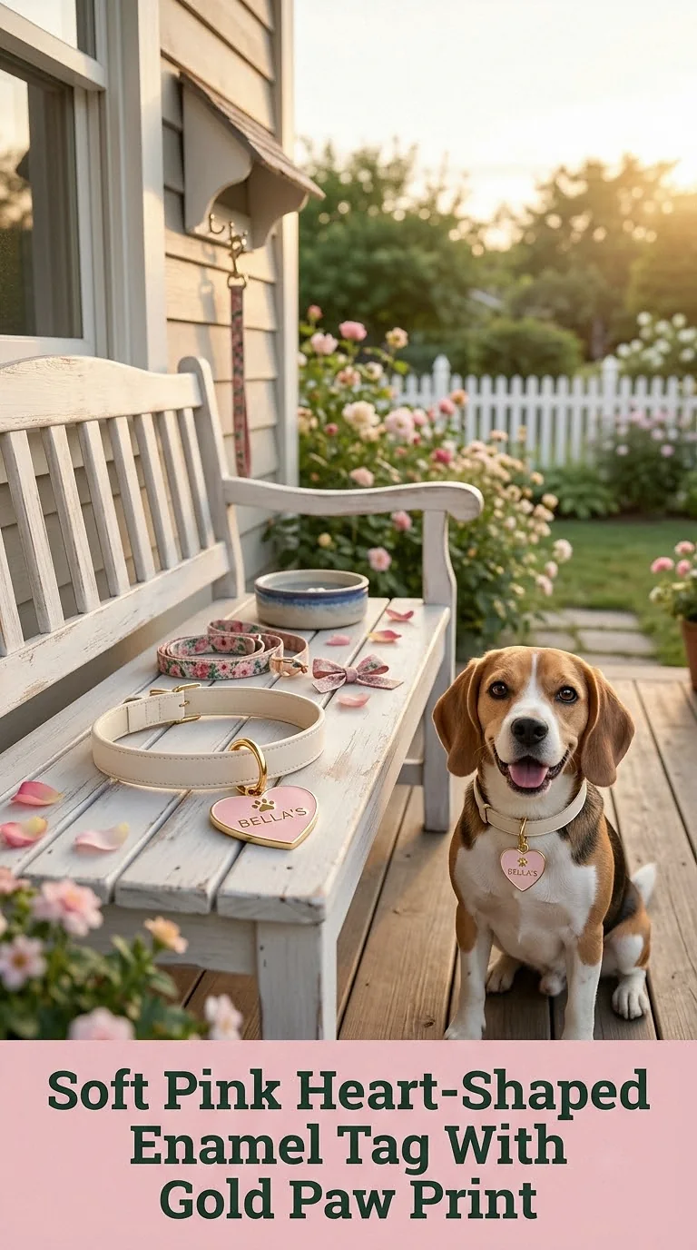 Soft Pink Heart-Shaped Enamel Tag With Gold Paw Print