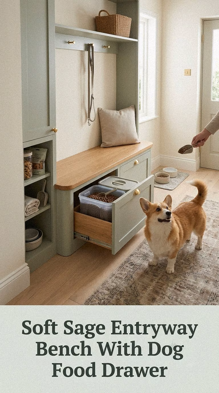 Soft Sage Entryway Bench With Dog Food Drawer