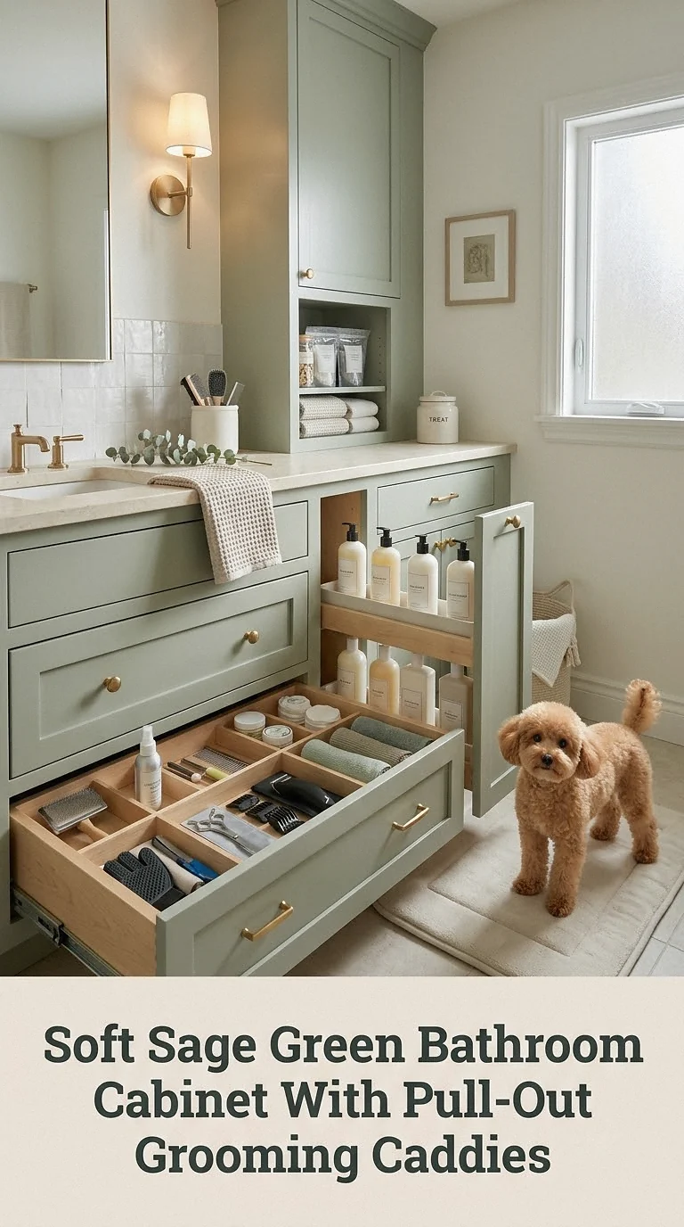 Soft Sage Green Bathroom Cabinet With Pull-Out Grooming Caddies