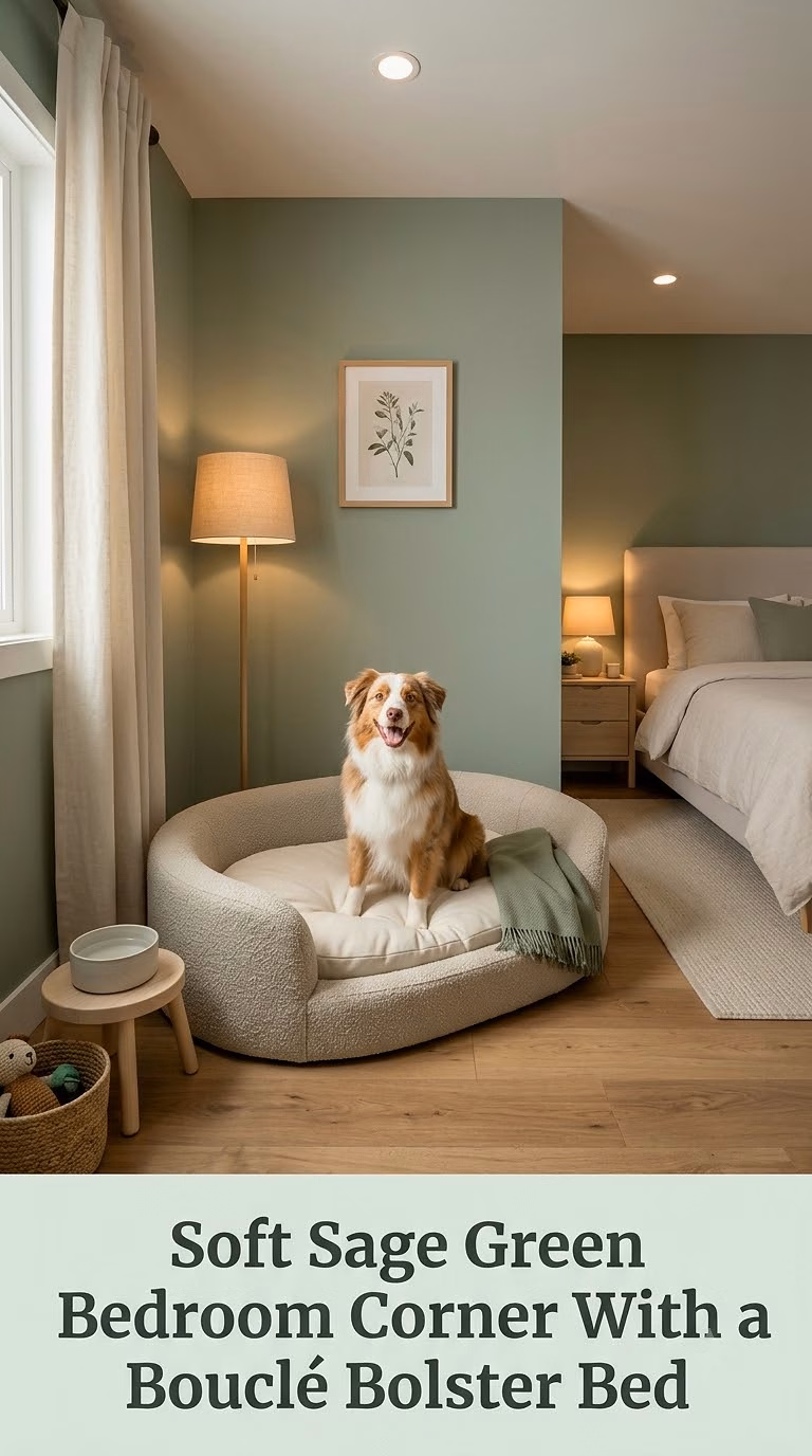 Soft Sage Green Bedroom Corner With a Bouclé Bolster Bed