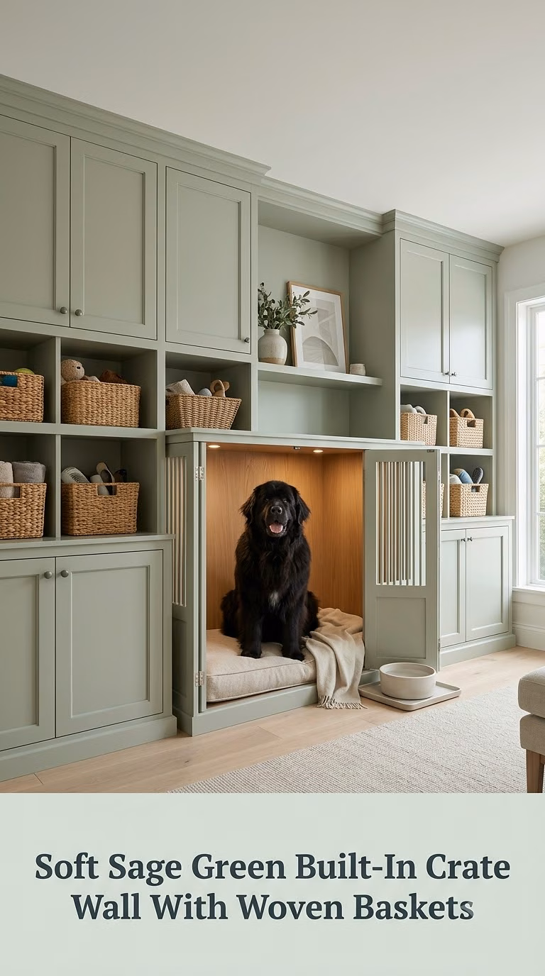 Soft Sage Green Built-In Crate Wall With Woven Baskets