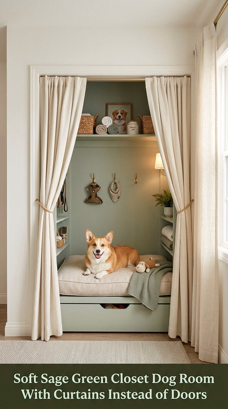 3. Soft Sage Green Closet Dog Room With Curtains Instead of Doors