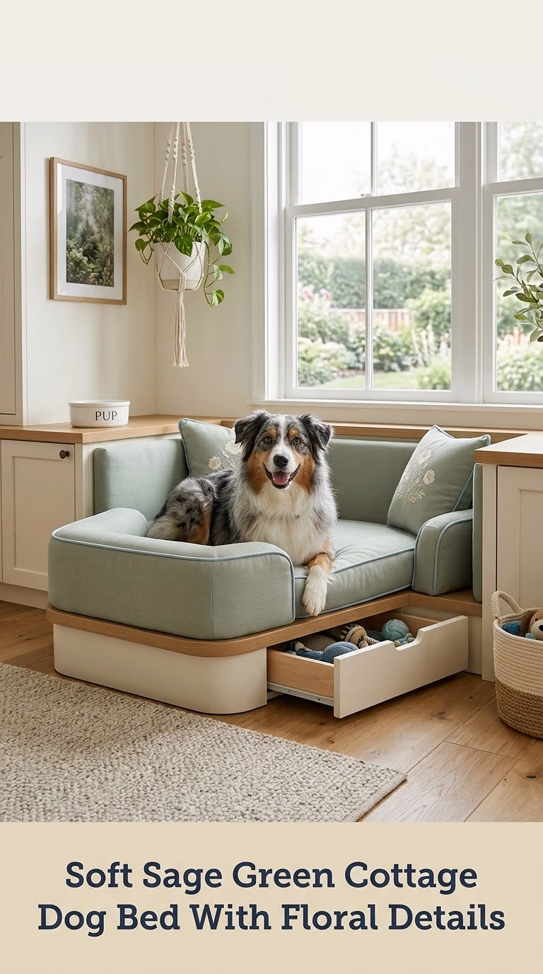 Soft Sage Green Cottage Dog Bed With Floral Details
