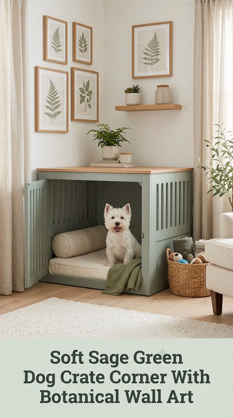 Soft Sage Green Dog Crate Corner With Botanical Wall Art